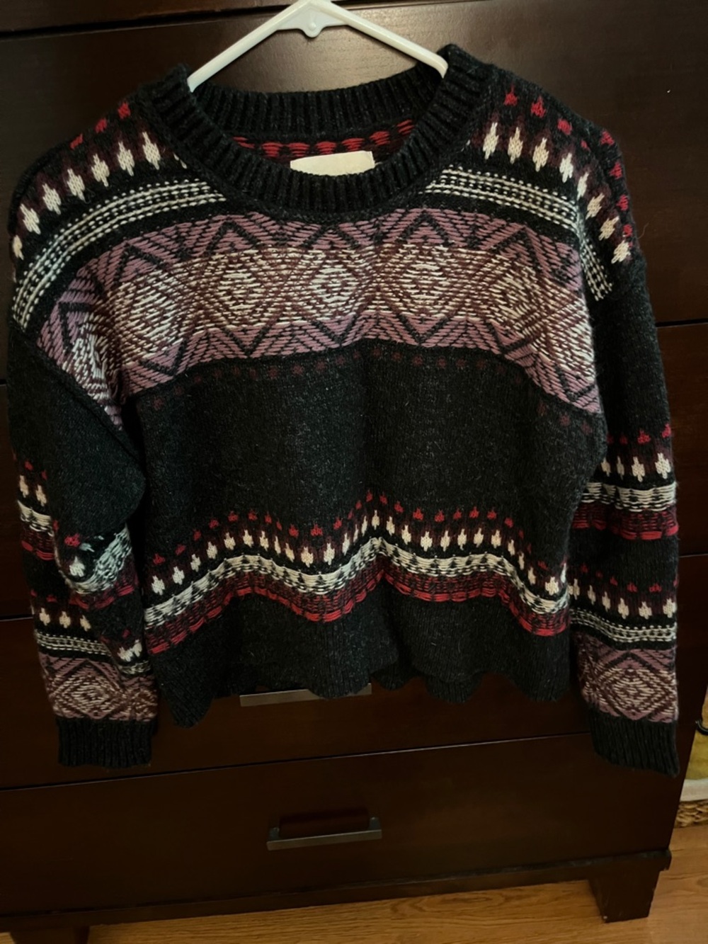 Lucky Brand Black Crewneck Sweater with Pink and Red Fair Isle